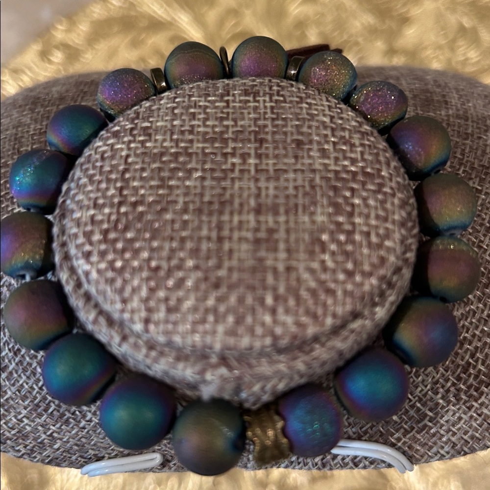 Hand Crafted Iridescent Green Purple Blue Beaded Bracelet with Brown Tassel - Picture 2 of 3